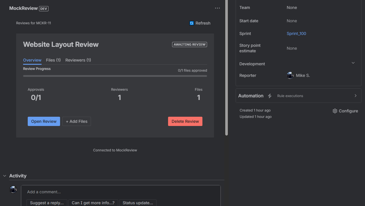 MockReview panel in JIRA issue view showing Connect button and review status